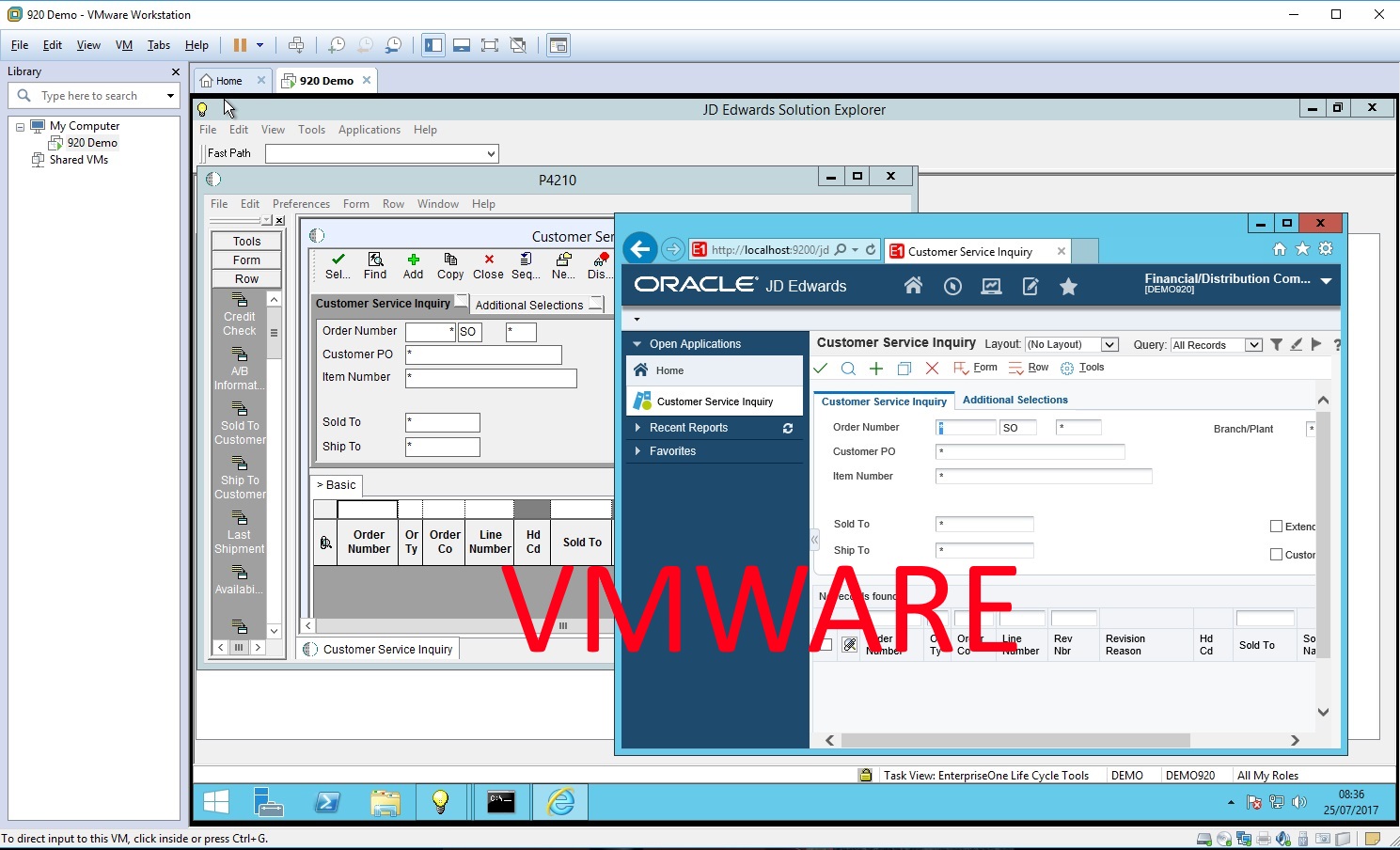 Screenshot of JDE920 Demo VM running on VMWare Workstation